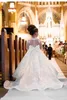 Ucuz Fildişi Uzun Kollu Balo Dantel Çiçek Kız Elbise 2022 Papyon Geri Payetler Prenses Kız Elbise Robe Princesse Enfant