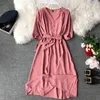 2022 Wiosna V Neck Summer Bandaża Midi Długa Sukienka Vestido De Festa Party Tunika Sukienka Kobiety Casual Elegancka Wysoka Talia Vestidos Y220413