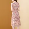 Bohemian Summer Chiffon Print Dress Knee-Length A-LINE Lace O-Neck Elegant Pink Floral Printed Beach Style 220516