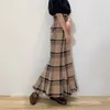 エレガントなボディコントランペットロングファルダスミュージャー秋のカジュアルオールマッチスカート女性日本のヴィンテージハイウエスト格子縞の女性スカート220322