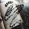 펜던트 목걸이 Qigo Catholic Black Rosary Necklace Saint Benedict Long Cross 남성 여성 종교기도 보석