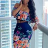 Verano Mujer Casual Vestido de dos piezas Hombro manga corta Estampado floral Volantes Crop Top Midi Bodycon Falda Set 220509