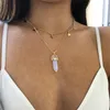 Natural Stones Moon Star Necklace Fashion Double Layer Gold Link Chains Women Crystals Quartz Bullet Hexagonal Prism Point Healing Pendant