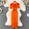 New fashion women's summer square collar short sleeve halter neck knitted bodycon tunic vent jag midi long dress solid color