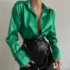 Атласная женская рубашка с воротником-поло Офисная женская блузка Винтажная сине-зеленая шелковая рубашка Свободные рубашки на пуговицах Черные модные топы 220623