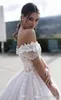 Abiti da sposa sexy in pizzo pieno con scollo a barchetta e spalle scoperte Appliques in pizzo floreale 3D Abiti da sposa con corsetto posteriore Tulle Lungo strascico corte Custom Made BC14952