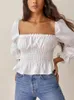 Women's Blouses & Shirts Womens Tops And 2022 Fashion Square Neck Smocked Waist Peplum Elegant White Blouse Linen Blend Puff Long Sleeve Top