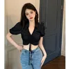 Women's Blouses & Shirts Deeptown White Cropped Women Sexy Y2k Black Corset Top Female Streetwear Elegant Puff Short Sleeve Shirt Korean Fas