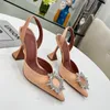 Sandálias de designer de luxo sapatos de salto alto Amina Muaddi Begum Bow Bow Crystal Buckled Buckle Point Toesl Sunflower Sandal Summer Summer Calçado