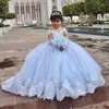 Licht Sky Blue Lace Flower Girl -jurken Lange mouwen voor bruiloft Appliqued Ball Jurk Toddler Pageant -jurken Tule Custom Made First Communion Dress Sxjun28
