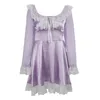 Casual jurken Gotische jurk met lange mouwen Vrouwenkleding Y2K High Taille Mini Fairy Grunge Purple Satin Lace Tirm Party