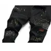 Man Rivet Studs Stitching Detailschade Black jeans verontruste versleten denim broek