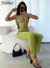 Nibber Summer Sexy 2 Two Piece Set Women Buckle Crisscross Cleavage Topvintage Flare Corset High midje Pants Club Streetwear 220527