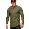 Solidny kolor rękawy plisowany detale łatki Tshirt długie rękawie Mężczyźni Sprężyny swobodny topy pullover moda Slim Basic Tops 220813