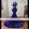 Royal Blue Seuqins Mermiad Prom klänningar 2022 Illusion Långärmad Svart flickor Backless Gala Evening Dress Robe de Soiree