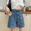 Women Denim Shorts Solid Vintage Kneelength Spliced Design Fashion Loose Leisure Bf Style Streetwear High Street Cool Teens Ins 220527