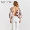 TWOTWINSTYLE Summer Sexy Backless Blouse Tops Female Lantern Sleeve Shirt Women Casual Clothes Fashion 210401