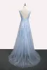 SSYFashion Sell Sweet Light Blue Lace V-neck Lacing Long Evening Dress The Bride Party Sexy Backless Prom Dresses Custom 220510