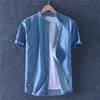 الأزرق أزياء الرجال الصلبة قصيرة الأكمام الكتان قمصان الرجال قميص الصيف النمط الصيني الفاخرة عارضة الرياضة سليم صالح قميص 220401