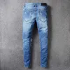 Man Blue Skinny Fits Jeans denim knie gescheurd met gat klassiek slank voor jongens heren broek Biker moto rechte been vintage nood hiphopcowboy