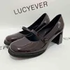 Women Dress Shoes Lucyever Vintage Thick Heels Mary Jane 2022 Buckle Strap Patent Leather Woman Black Brown Shallow Pumps Ladies 220607