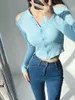 Women's T-Shirt Casual Style Simple Solid Color Single-breasted Slim Long-sleeved Bottoming Top Women's V-neck Sexy Short P3LLWomen's