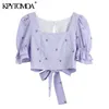 KPytomoa Kvinnor Sweet Fashion Floral Embroidery Cropped Bluses Vintage Pull Hyls Back Bow Tie Female Shirts Chic Tops 210326