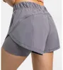 Utomhus som kör falska tvådelade shorts tredelade säkerhetsbyxor Luluemen kvinnors leggings Hög Elastic Gym Underwear Sweat Absorberande justerbar midja