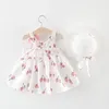 2pcs 딸의 드레스 체리 프린트 바우 매듭 장식 소매 소매 여름 아이 의류 세트 1045 e3