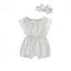 Summer Baby Girl Rompers nyfödda babykläder Småbarn Flare Sleeve Solid Lace Design Romper Jumpsuit med pannband G220510