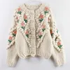 Zity New Women Winter Handmade Seater and Cardigans Floral Embroidery Hollow Out Chic Knit Jacket Pearl Beading Cardigans 210204