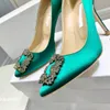 Top Quality Rhinestone Buckle Decoration Glitter Bridal Shoes Stiletto Heels Women Pumps Luxury Designers Evening Party Wedding Green Heeled