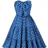 Tonval Blue Polka Dot Bow Pasek Przedni DRES DRES Wysoka talia Shirred Plisted Vintage Ubrania 220523