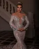 Luxury Mermaid Wedding Dresses paljetter Pärlor av axel långärmad spets kristallpärlad sexig brudklänning bröllopsklänningar skräddarsydd