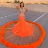 Nyaste ankomst Orange Mermaid Prom Klänningar Lace Pärlor Crystal Feather Formal Aftonklänning 2022 Sheer Neck African Robes de Soirée BC12786