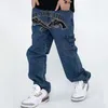 Men's Jeans Men Gun Embroidery Straight Hip Hop Loose Spring Fall Letter Print Black Punk Clothes Male Street Baggy TrousersMen's