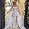 2022 Splendidi abiti da sposa a sirena con strascico staccabile con spalle scoperte Abito da sposa in pizzo Abiti senza schienale Abito da sposa Dubai Taglie forti