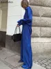 Bornladies Office Ladies Satin Blue Pantsuits Long Shirt and Pants 2 Piece Sets Women Outfits Casual Wide Legs Pants Suit 2022 T220729
