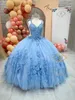 Vestido de Quinceanera azul de céu claro 2023 Flores 3d Flores de renda com tule tule pufffy sweet 16 vestidos vestidos de 15 espartilho de laço anos de volta