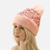 Bonnet/crâne casquettes hiver bonnets chapeaux femmes luxe paillettes bonnet femme fourrure Pom chapeau Bonnet chaud pour Delm22