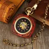 Pocket Watches Retro Unique Royal Red Wooden Bamboo Hand Winding Mechanical Watch Square Dial With 30cm Gold Chain Men Hour Clock Gifts Thun