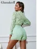 글래머 섹시 메쉬 투명한 투명 2 조각 세트 홀리데이 긴 슬리브 옷깃 레이스 셔츠와 높은 허리 쇼트 세트 우아한 녹색 여성 세트