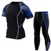 Anpassade män Komprimering Tracksuit Short Sleeve Shirts Leggings 2 PCS Sports Suit 3D Printed Jogging Fitness MMA Running Set 220704