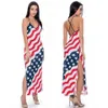 2022 Mode Vrouwen Meisjes Jarretel Split Lange Jurk Mouwloze Amerikaanse Vlag Zomer Maxi Jurken Backless Cross Band Wave Striped Gedrukt Rok Strand Kostuums T3708GD