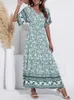 NATROL Summer Bohemian Soft Dress for Women Fashion Solid Green Maxi Silk Robe Casual Wedding Guest Vintage High Waist Dresses 220530
