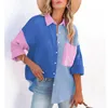 Spring Summer Fashion Women Nieuw patchwork shirt Elegant Commute Contrast Revers Knoppen Cardigan Streetwear Ladies Casual Blouses