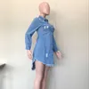 Mini vestido asimétrico de mezclilla vintage para mujer, Vestido camisero sexy con cuello vuelto y manga larga con borlas acanaladas, Mini Vestido vaquero azul 22088487948