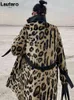 Lautaro Winter Long Leopard Print Warm Fluffy Faux Fur Fur Coat for Women Long Sleeve Double Breadted European