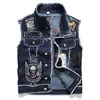 Herenjassen Schedel Patch Klinknagel Blauw Denim Vest Jas Heren Punk Rock Klinknagel Cowboy Jeans Vest Mode Motor Biker Mouwloos x0913 x0913