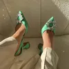 Amina muaddi green satin Crystal-Embellished buckle sandals Slingbacks high heeled shoes pointed toe women's Luxury Designers Dress shoe Evening Women Shoes35-42